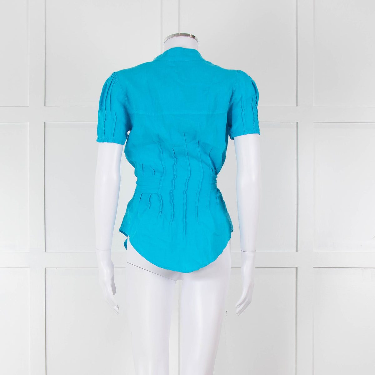 120% Lino Turquoise Linen Frill Trim Short Sleeve Top
