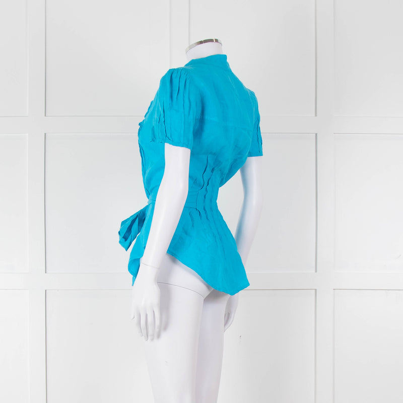 120% Lino Turquoise Linen Frill Trim Short Sleeve Top