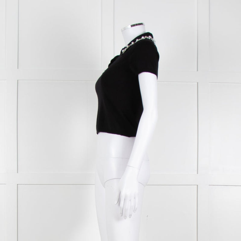 Alice + Olivia Black Short Sleeve Polo Knit with Pearl and Diamante Collar Detail