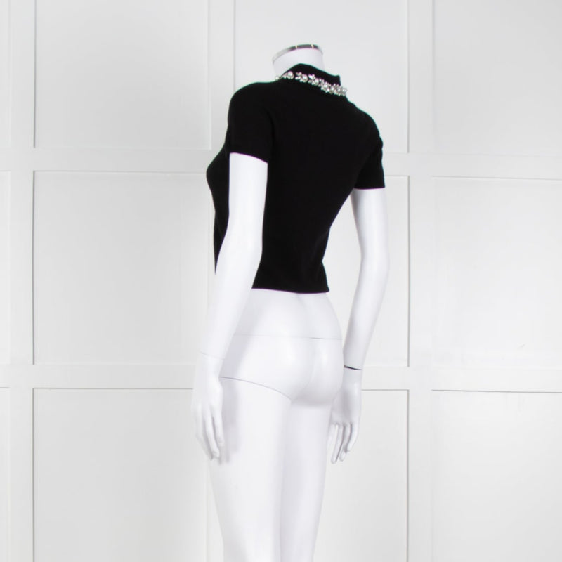 Alice + Olivia Black Short Sleeve Polo Knit with Pearl and Diamante Collar Detail