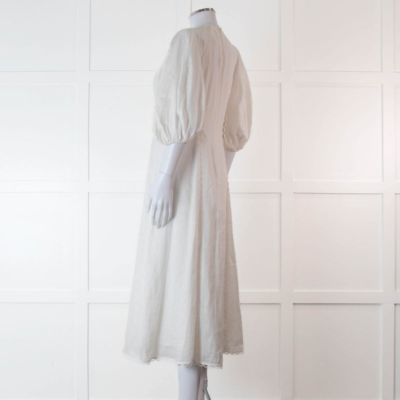 Zimmermann White Linen Puff Sleeve Scallop Trim Midi Dress
