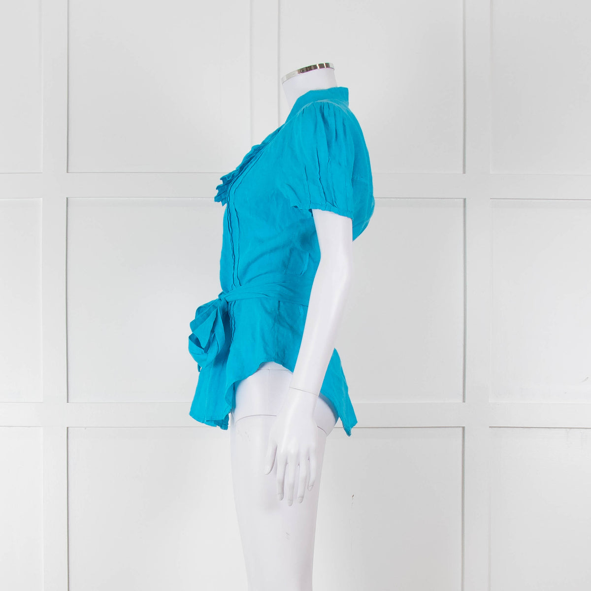 120% Lino Turquoise Linen Frill Trim Short Sleeve Top