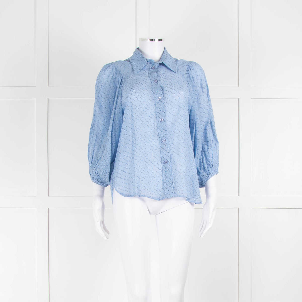 Ganni Pale Blue Floral Blouse With Elasticated Cuffs