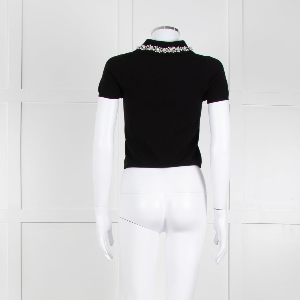 Alice + Olivia Black Short Sleeve Polo Knit with Pearl and Diamante Collar Detail