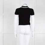 Alice + Olivia Black Short Sleeve Polo Knit with Pearl and Diamante Collar Detail