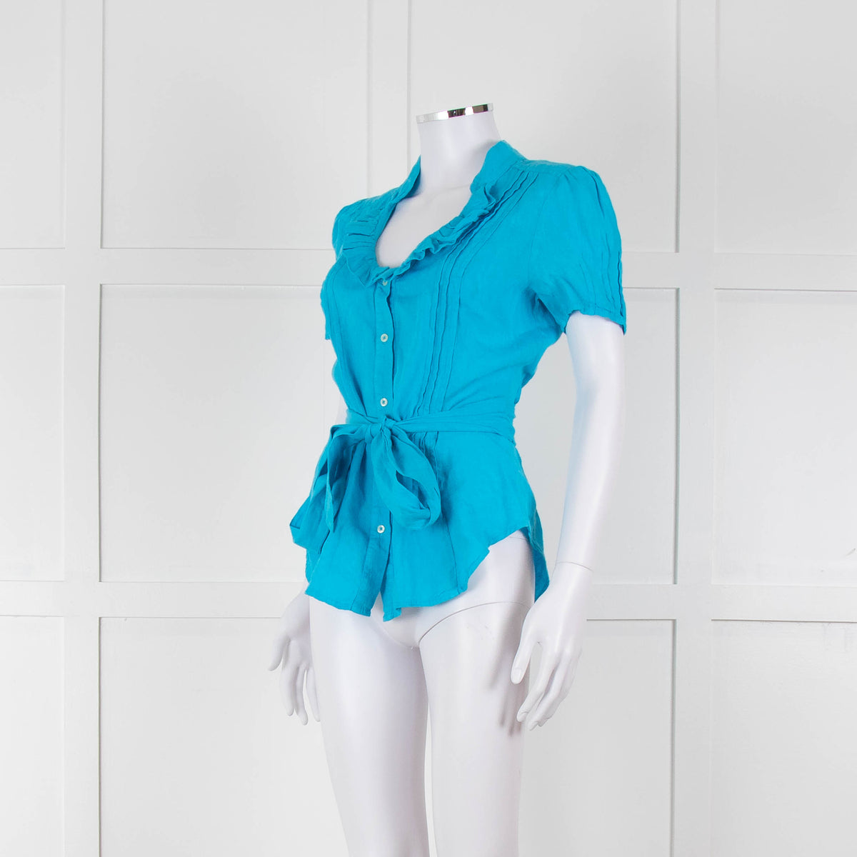 120% Lino Turquoise Linen Frill Trim Short Sleeve Top