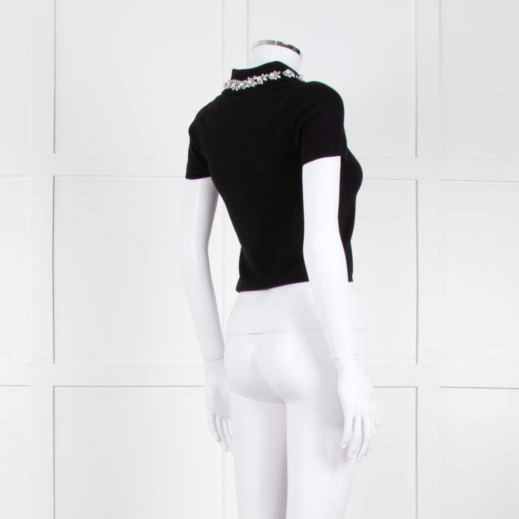 Alice + Olivia Black Short Sleeve Polo Knit with Pearl and Diamante Collar Detail