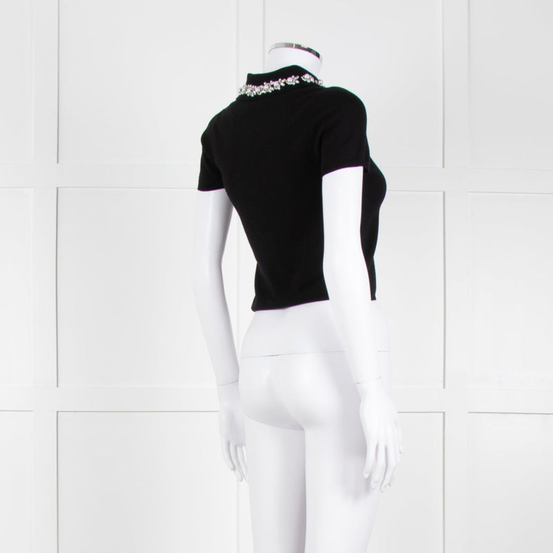 Alice + Olivia Black Short Sleeve Polo Knit with Pearl and Diamante Collar Detail