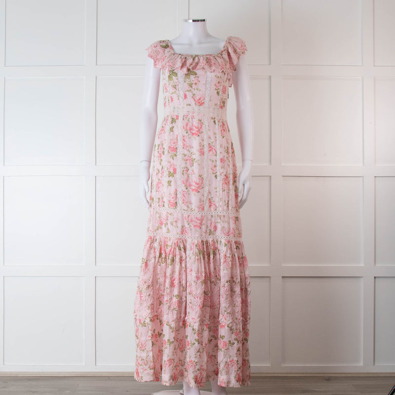 LoveShackFancy Pale Pink Rose Print Cotton Lace Trim Maxi Dress