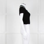 Alice + Olivia Black Short Sleeve Polo Knit with Pearl and Diamante Collar Detail