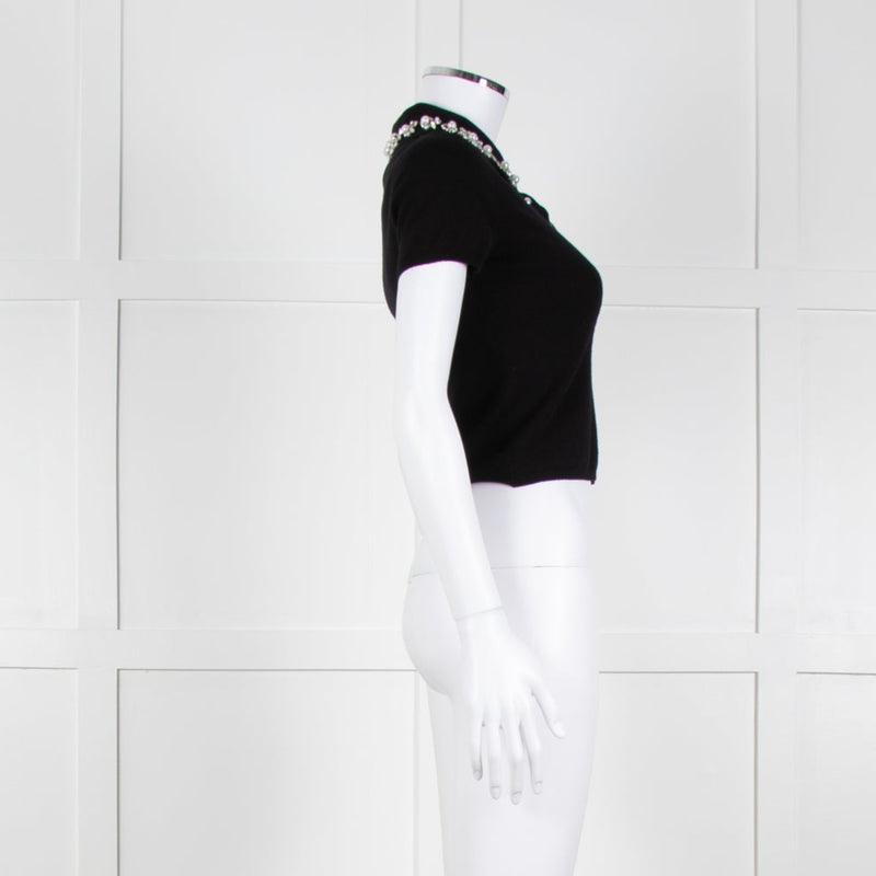 Alice + Olivia Black Short Sleeve Polo Knit with Pearl and Diamante Collar Detail