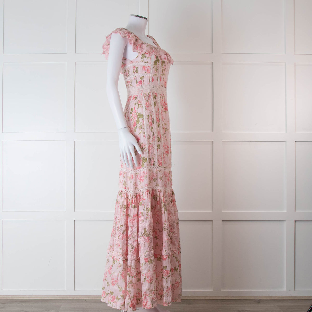 LoveShackFancy Pale Pink Rose Print Cotton Lace Trim Maxi Dress