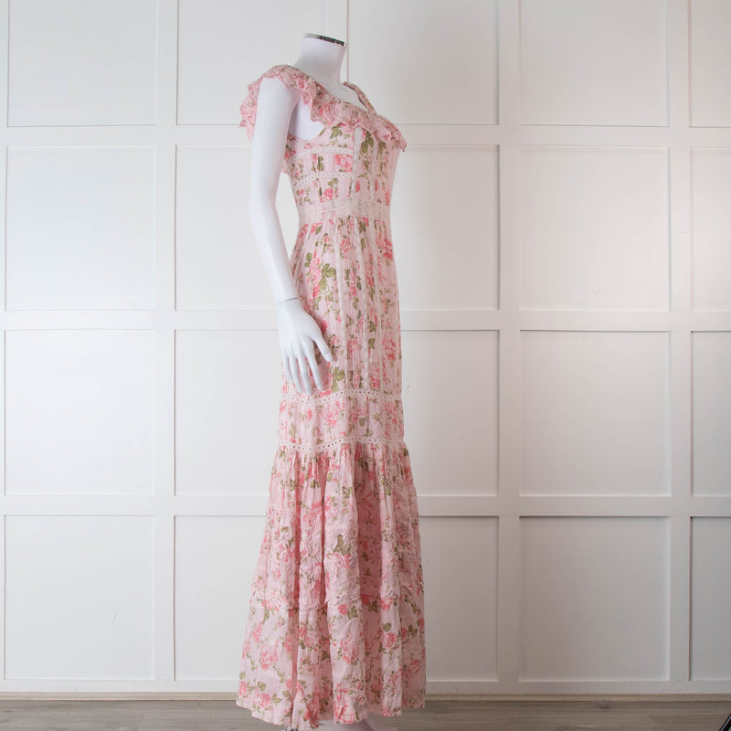 LoveShackFancy Pale Pink Rose Print Cotton Lace Trim Maxi Dress
