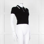 Alice + Olivia Black Short Sleeve Polo Knit with Pearl and Diamante Collar Detail