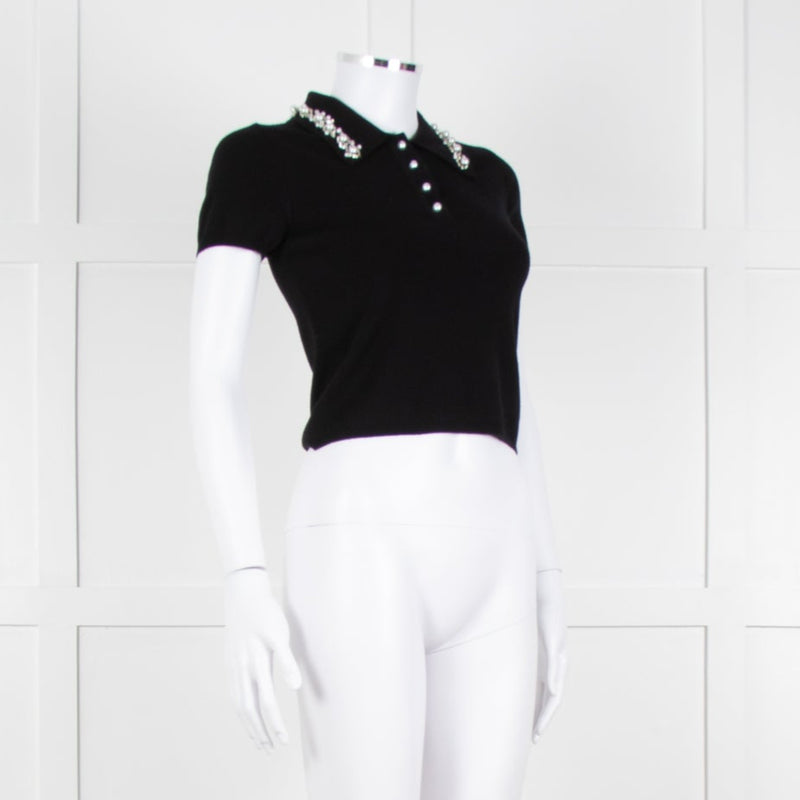 Alice + Olivia Black Short Sleeve Polo Knit with Pearl and Diamante Collar Detail
