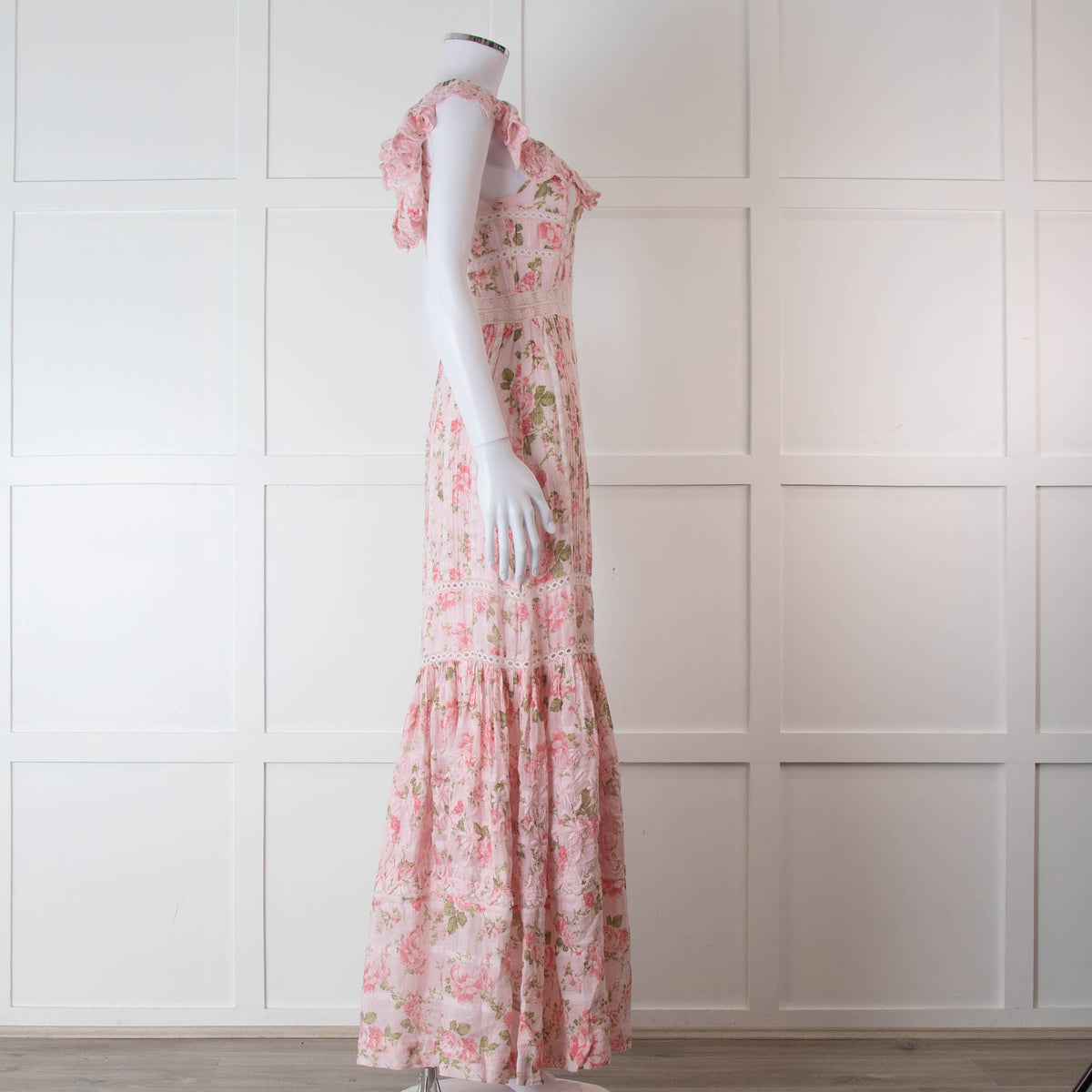 LoveShackFancy Pale Pink Rose Print Cotton Lace Trim Maxi Dress
