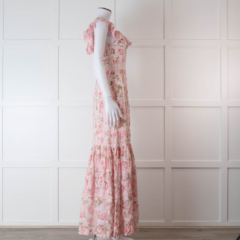 LoveShackFancy Pale Pink Rose Print Cotton Lace Trim Maxi Dress