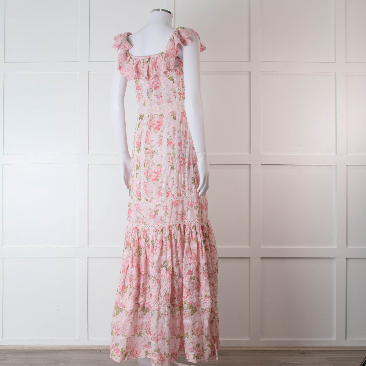 LoveShackFancy Pale Pink Rose Print Cotton Lace Trim Maxi Dress
