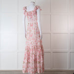 LoveShackFancy Pale Pink Rose Print Cotton Lace Trim Maxi Dress