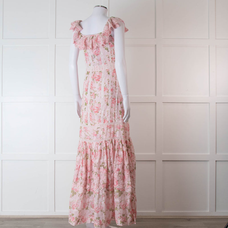 LoveShackFancy Pale Pink Rose Print Cotton Lace Trim Maxi Dress