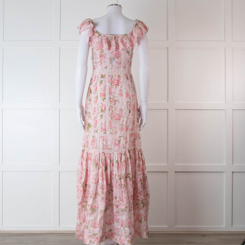 LoveShackFancy Pale Pink Rose Print Cotton Lace Trim Maxi Dress