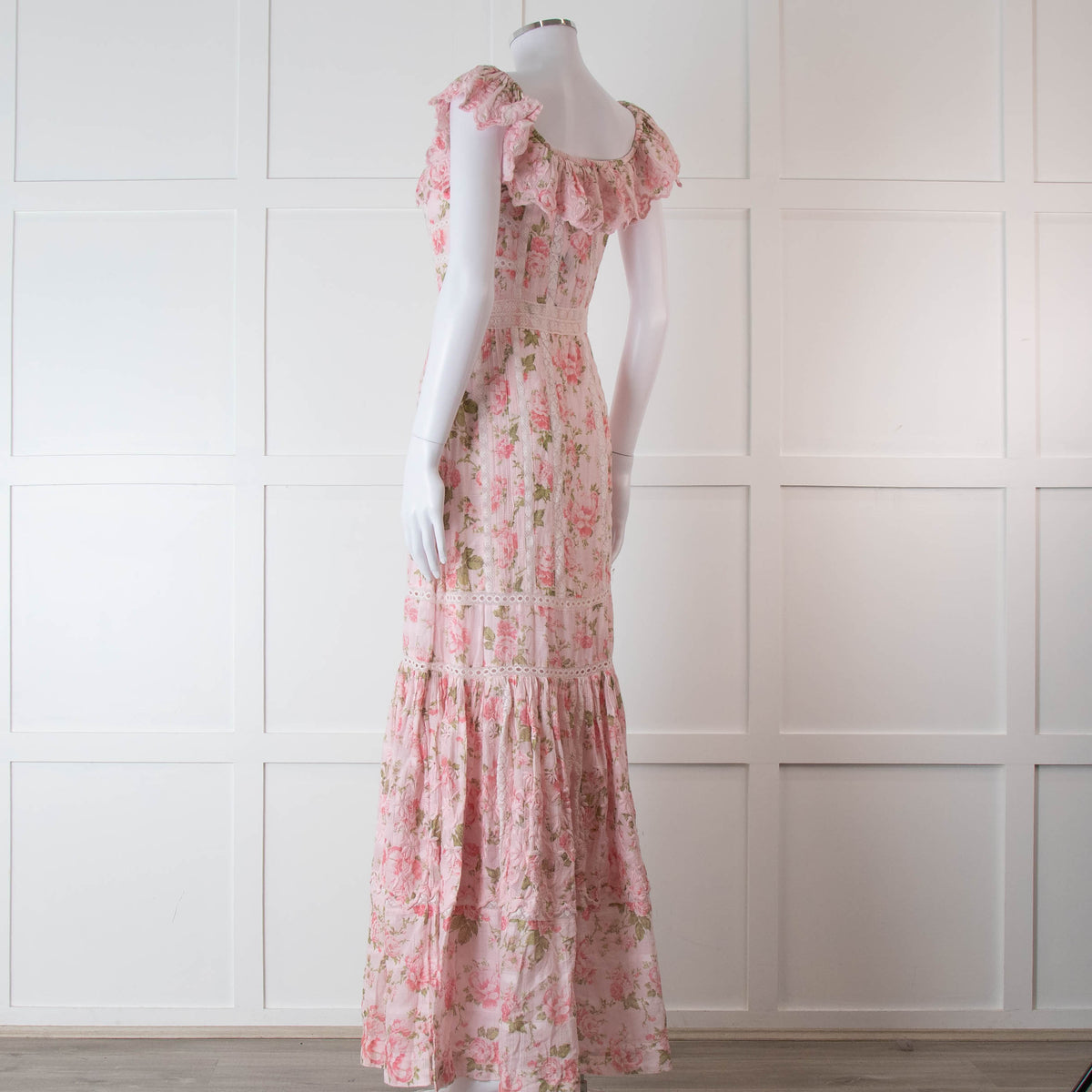 LoveShackFancy Pale Pink Rose Print Cotton Lace Trim Maxi Dress