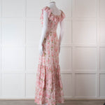 LoveShackFancy Pale Pink Rose Print Cotton Lace Trim Maxi Dress