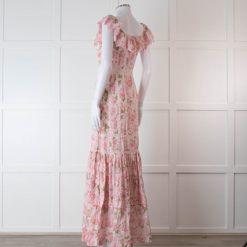 LoveShackFancy Pale Pink Rose Print Cotton Lace Trim Maxi Dress