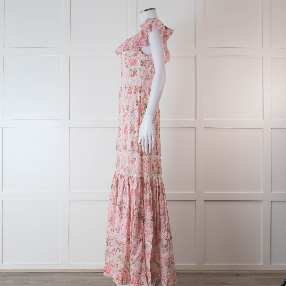 LoveShackFancy Pale Pink Rose Print Cotton Lace Trim Maxi Dress