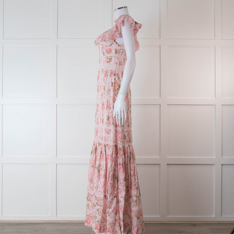 LoveShackFancy Pale Pink Rose Print Cotton Lace Trim Maxi Dress