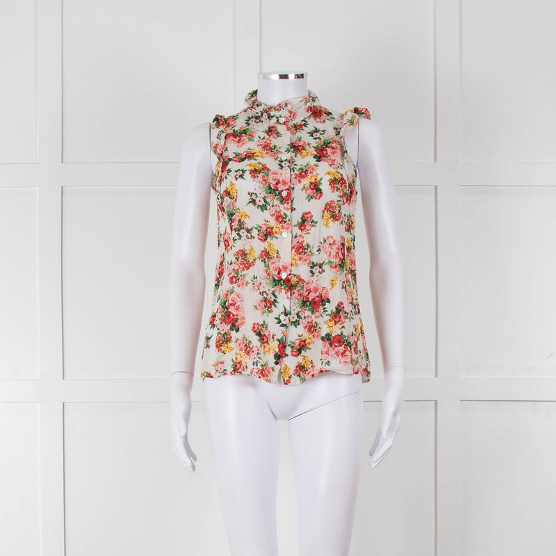 Sezane White Red Floral Frill Trim Sleeveless Cotton Top