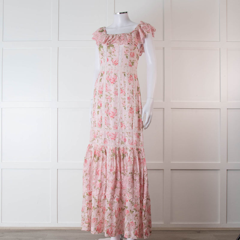 LoveShackFancy Pale Pink Rose Print Cotton Lace Trim Maxi Dress