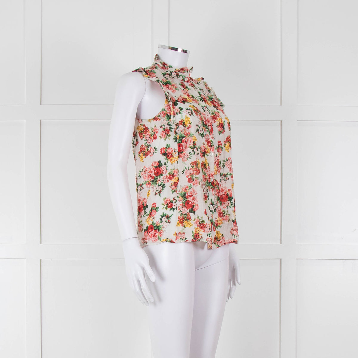 Sezane White Red Floral Frill Trim Sleeveless Cotton Top