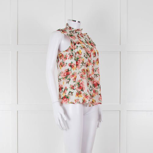 Sezane White Red Floral Frill Trim Sleeveless Cotton Top