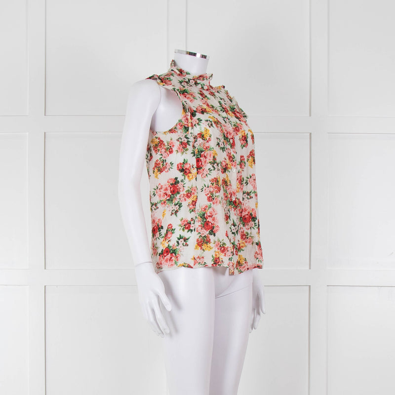 Sezane White Red Floral Frill Trim Sleeveless Cotton Top