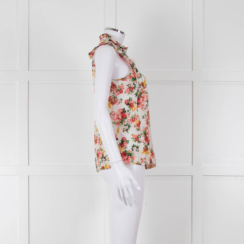 Sezane White Red Floral Frill Trim Sleeveless Cotton Top