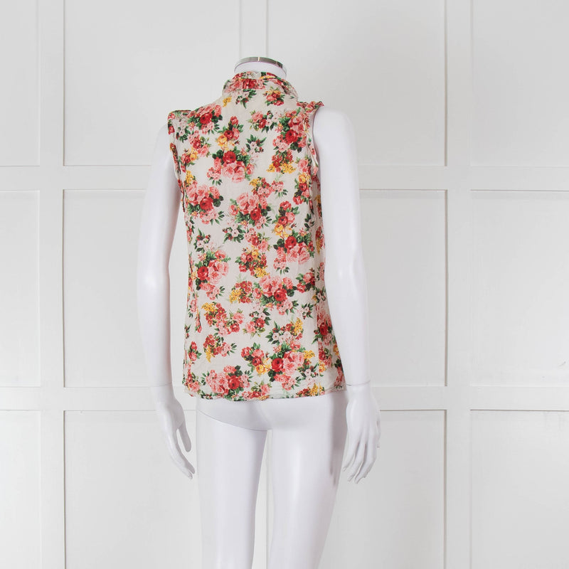 Sezane White Red Floral Frill Trim Sleeveless Cotton Top