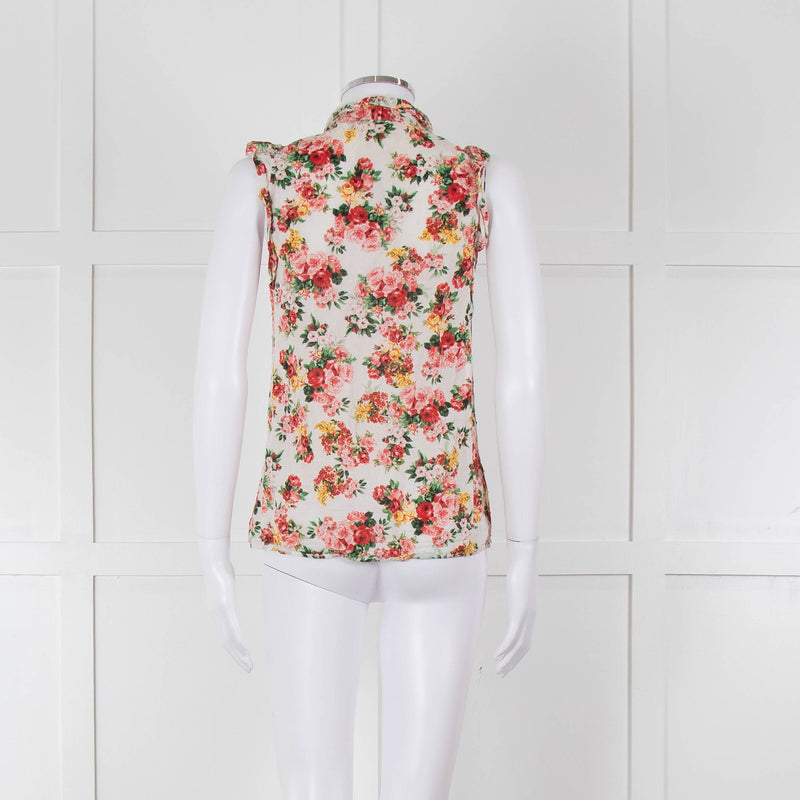 Sezane White Red Floral Frill Trim Sleeveless Cotton Top