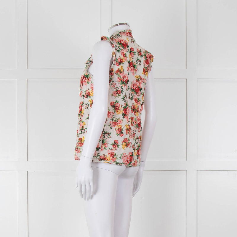 Sezane White Red Floral Frill Trim Sleeveless Cotton Top