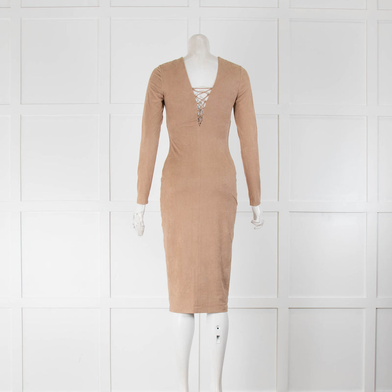 T Alexander Wang Beige Bodycon Lace Up Detail Dress