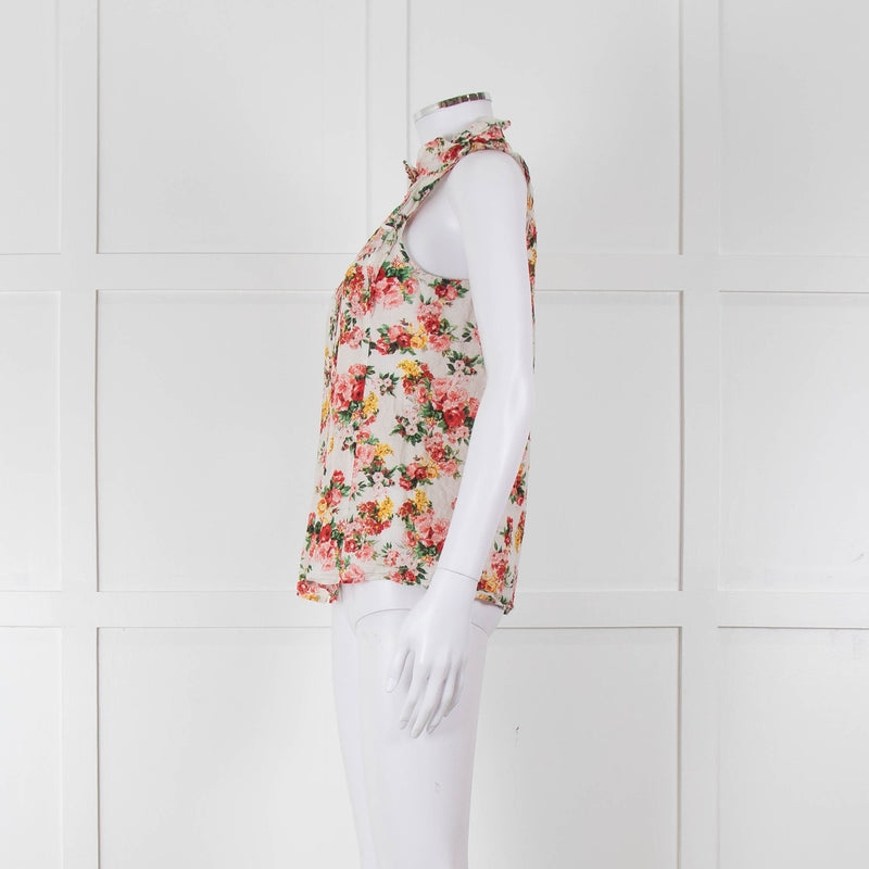 Sezane White Red Floral Frill Trim Sleeveless Cotton Top