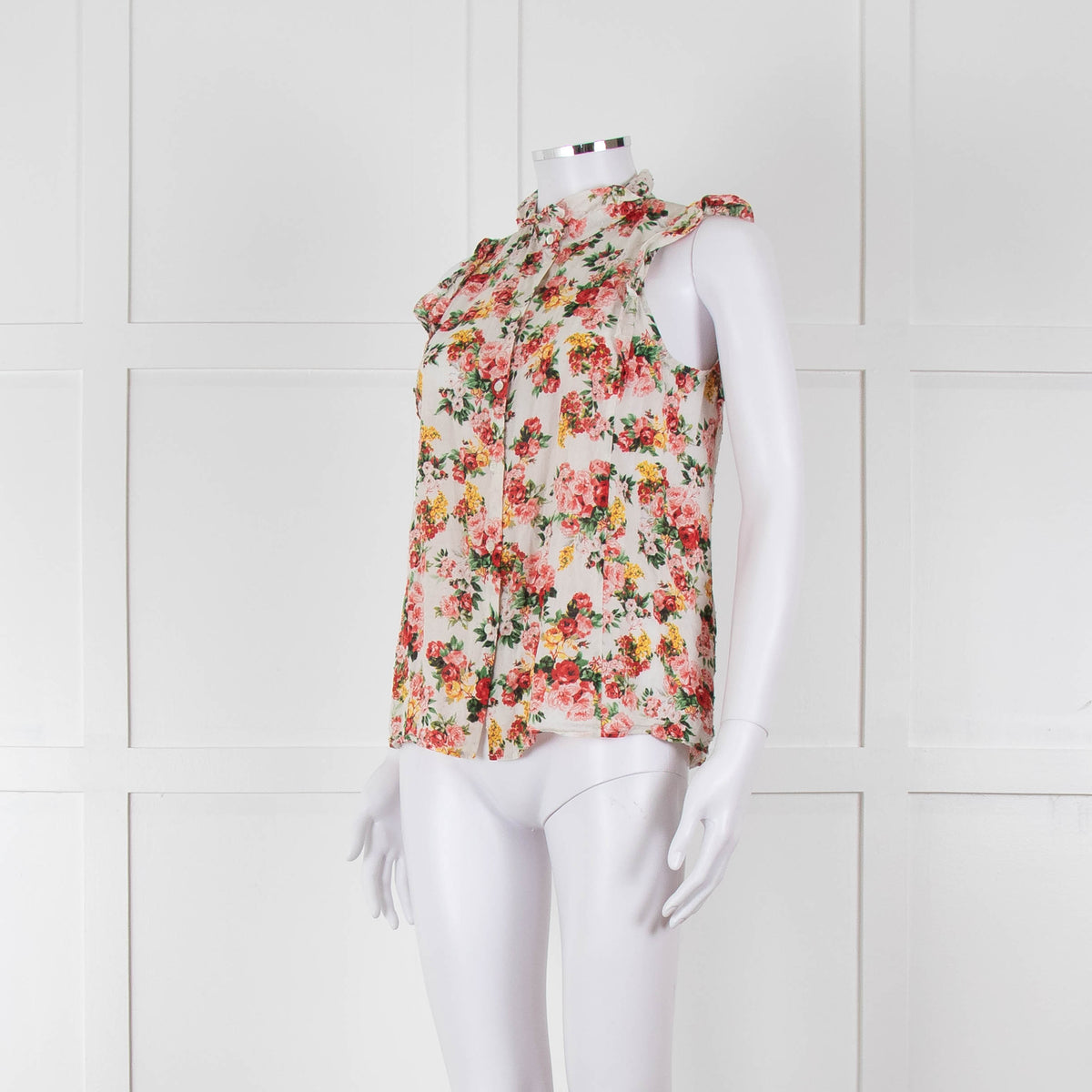 Sezane White Red Floral Frill Trim Sleeveless Cotton Top