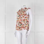 Sezane White Red Floral Frill Trim Sleeveless Cotton Top