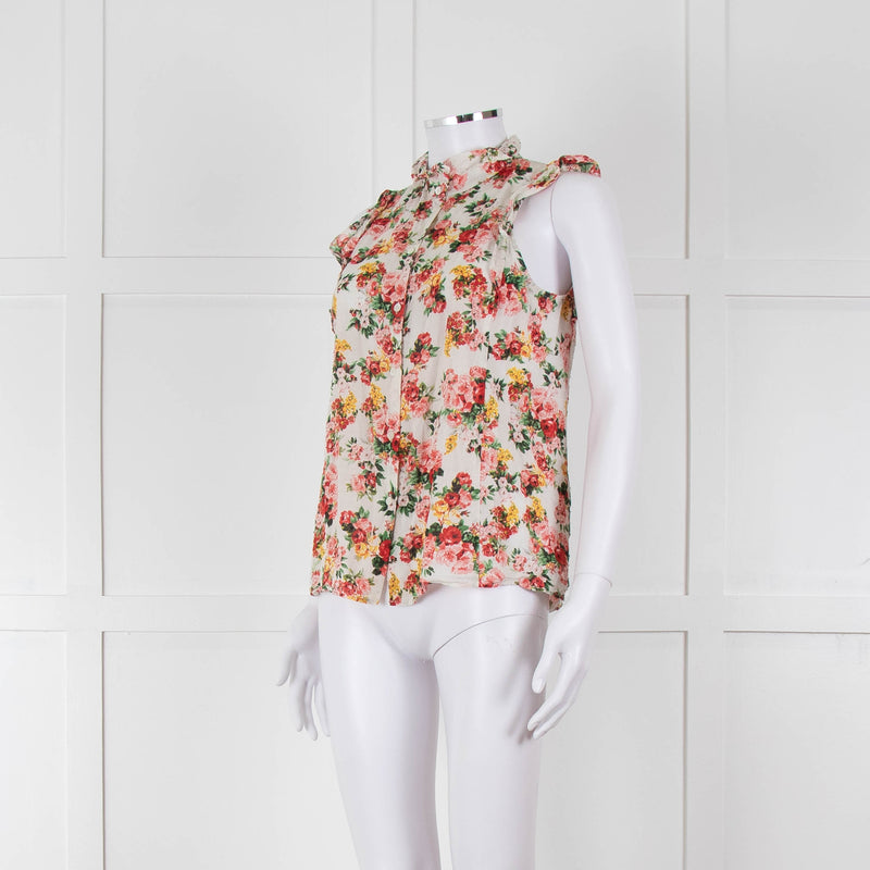 Sezane White Red Floral Frill Trim Sleeveless Cotton Top