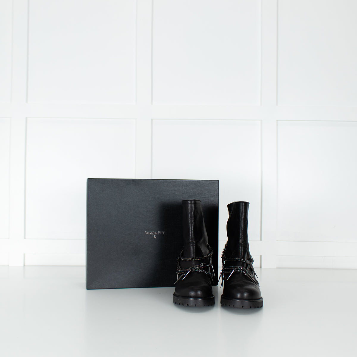 Patrizia Pepe Black Chain Wrap Ankle Biker Boots