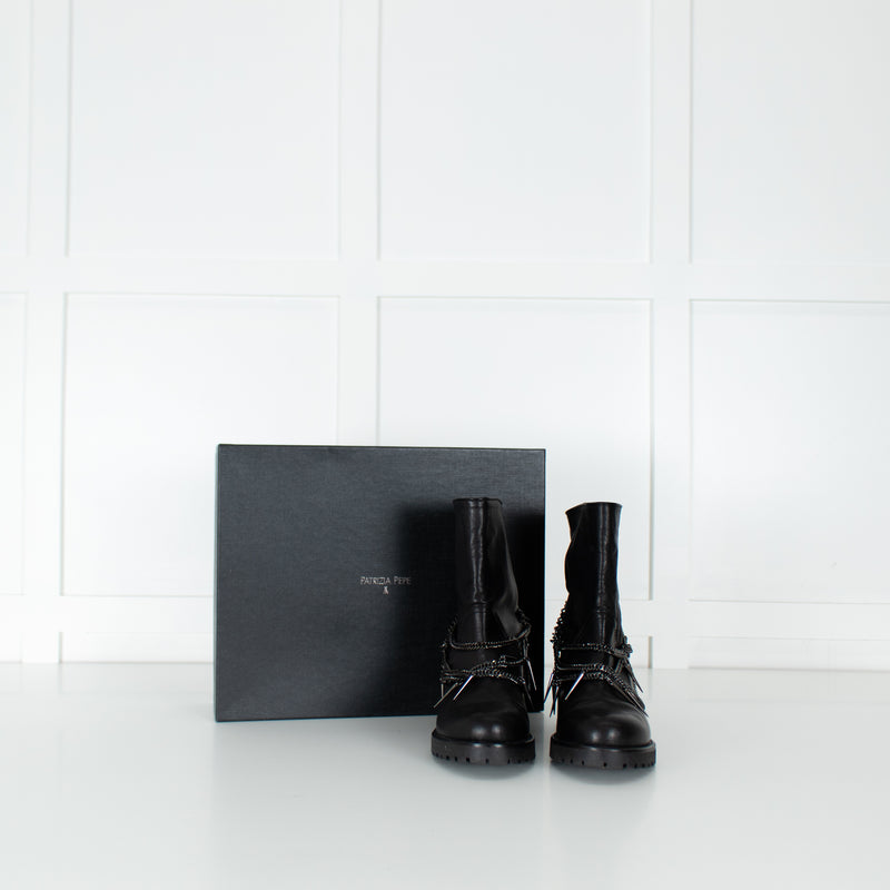 Patrizia Pepe Black Chain Wrap Ankle Biker Boots