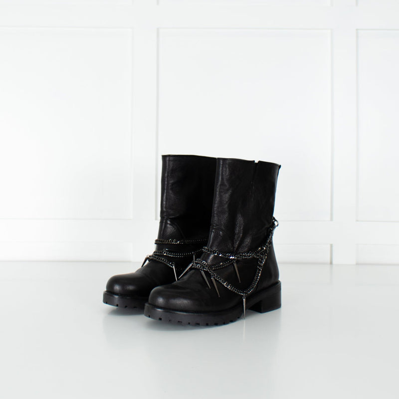Patrizia Pepe Black Chain Wrap Ankle Biker Boots
