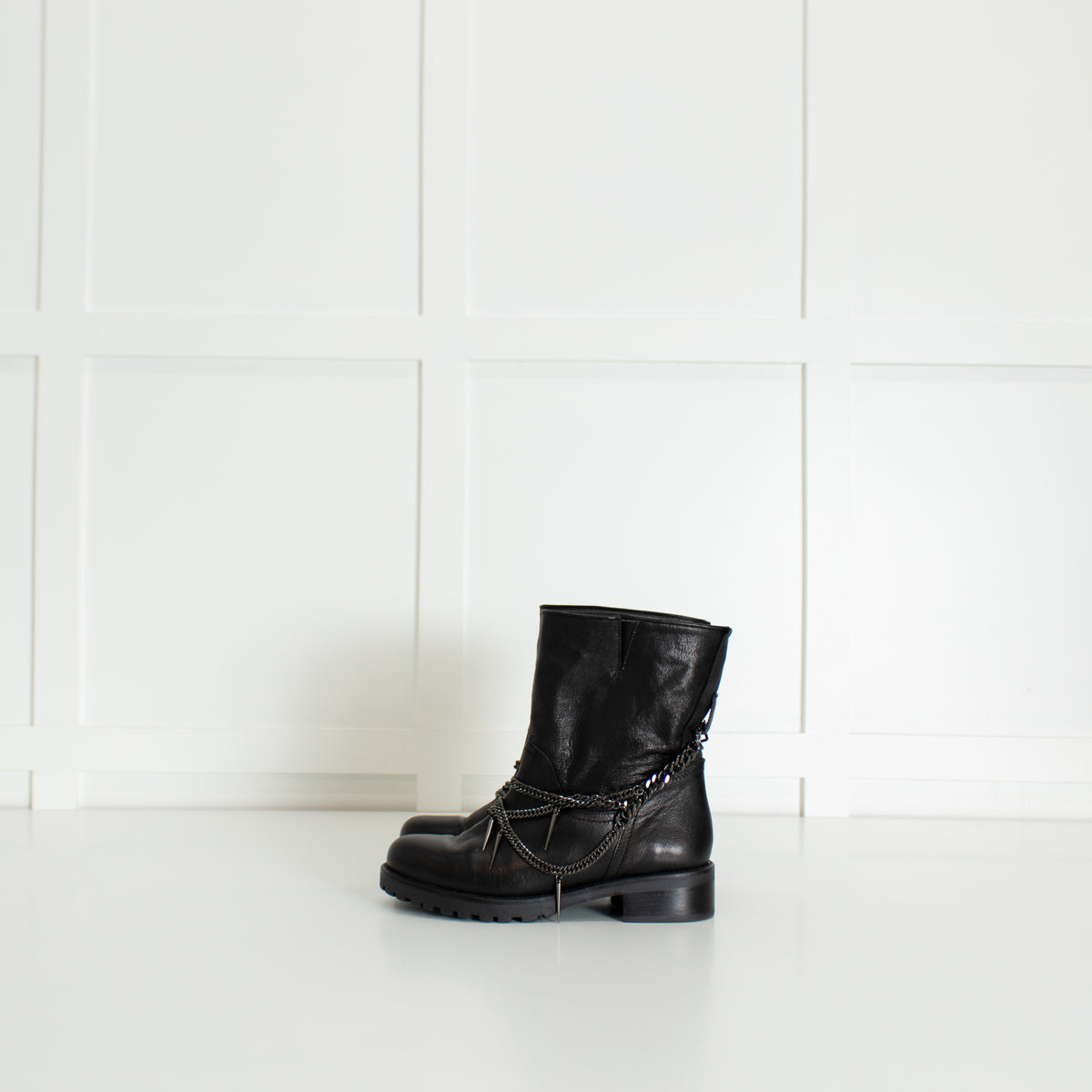 Patrizia Pepe Black Chain Wrap Ankle Biker Boots