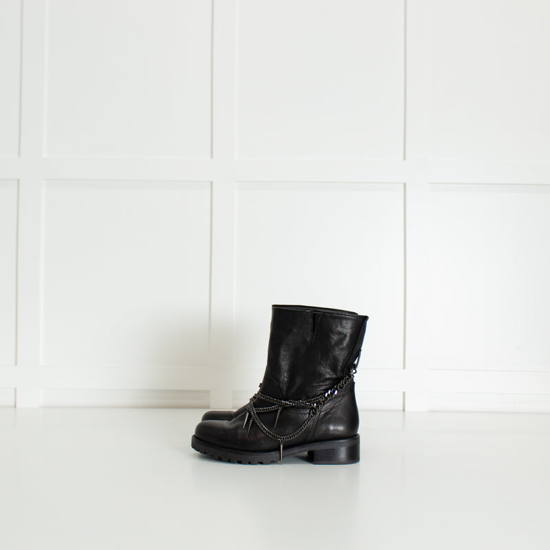 Patrizia Pepe Black Chain Wrap Ankle Biker Boots