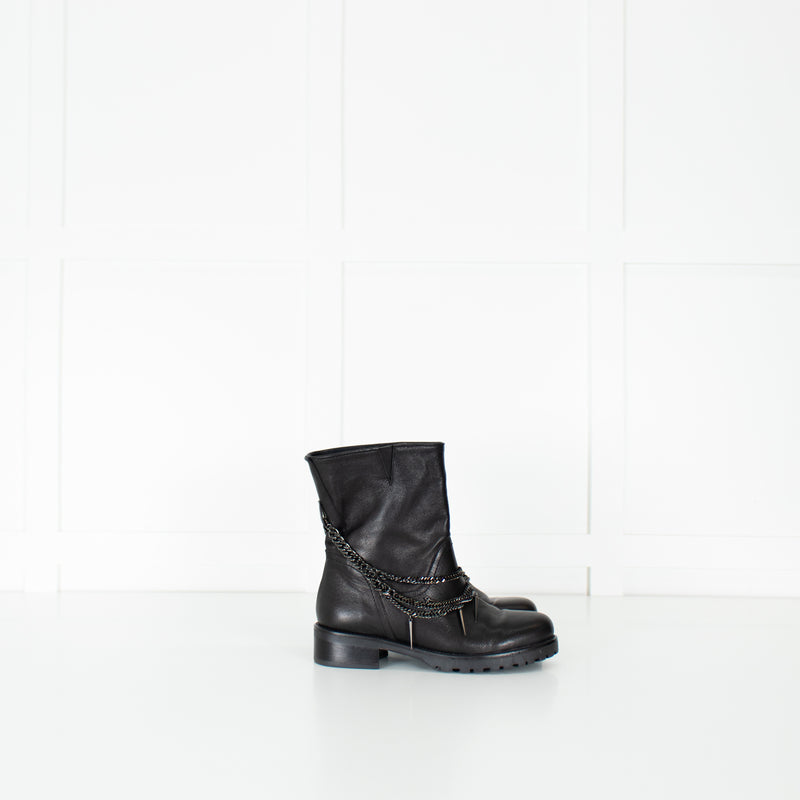 Patrizia Pepe Black Chain Wrap Ankle Biker Boots
